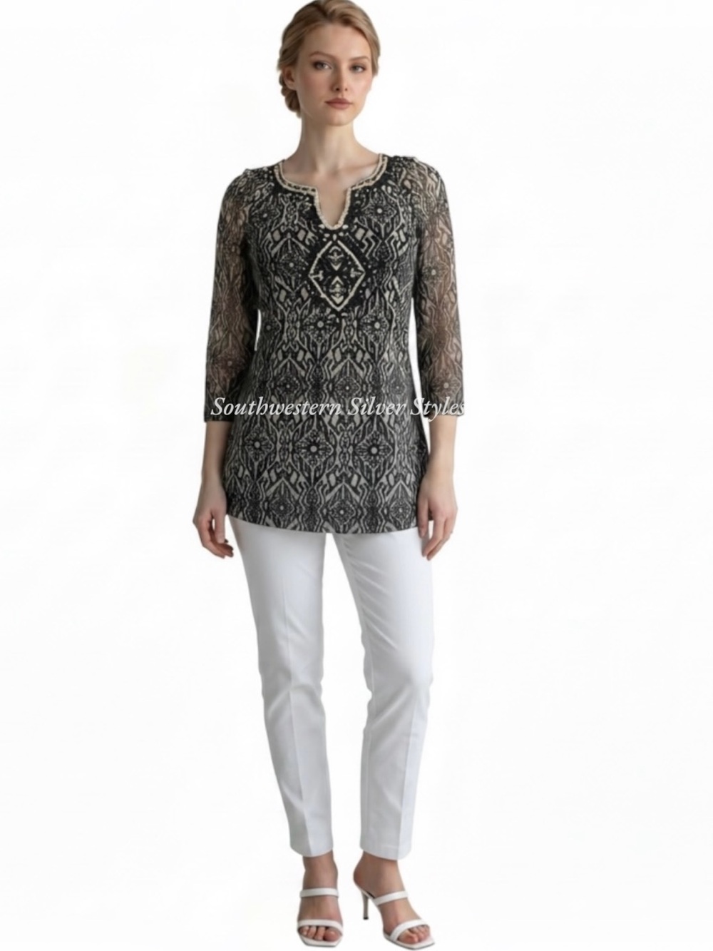 NWT INC International Concepts Black White Beaded Rhinestones Size Small Tunic